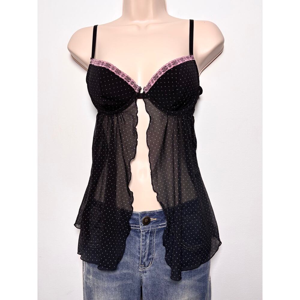 Vtg Y2K Rampage Bustier Babydoll Top Black Pink Polka Dots Mesh Coquette